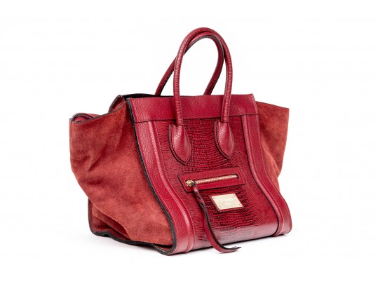 Valentino Lavish Burgundy Leather, Alligator And Suede Oversized Top Handle Bag
