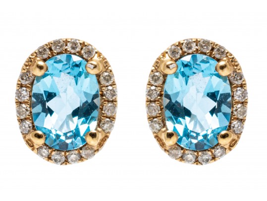 Bright Blue Topaz And Diamond 14K Stud Earrings