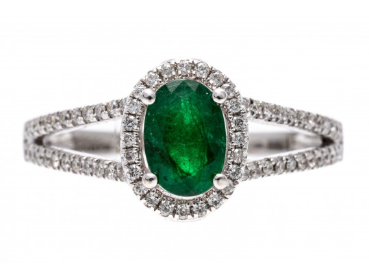 14K White Gold Emerald And Diamond Contemporary Ring, Size 7+
