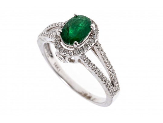 14K White Gold Emerald And Diamond Contemporary Ring, Size 7+