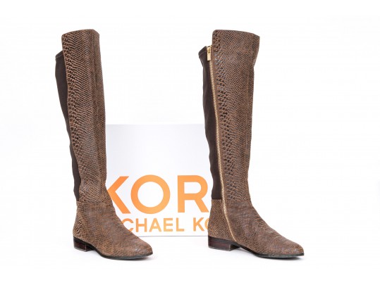 Michael Kors Striking Tall Brown Neoprene And Snake Grain Leather Boots, Size 10, With Box