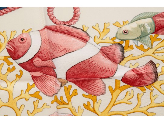 Salvatore Ferragamo Silk Scarf With Fish Motifs, Pink, Blue And Yellow Tones