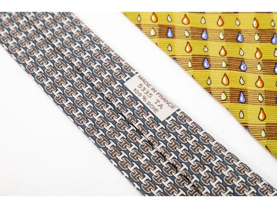 Hermes Lot Of Three Silk Ties, Assorted Colors And Patterns