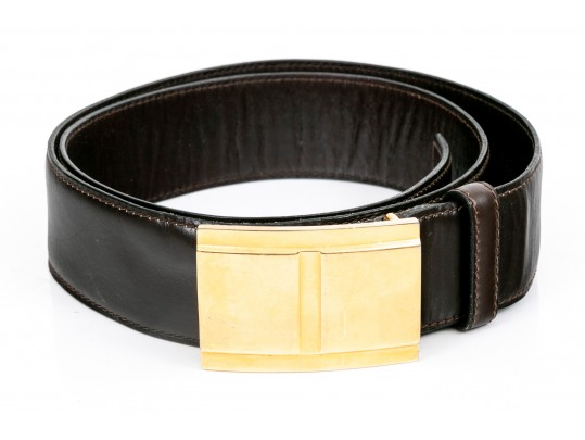 Battaglia Brown Leather Belt, Gold Tone Buckle, Size 36