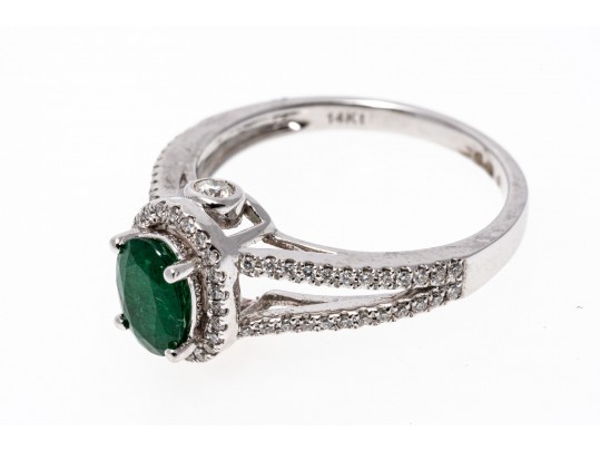 14K White Gold Emerald And Diamond Contemporary Ring, Size 7+