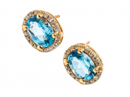 Bright Blue Topaz And Diamond 14K Stud Earrings