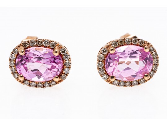 Bright Pink Sapphire And Diamond Halo 14k Rose Gold Earrings
