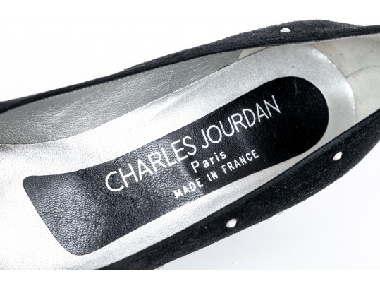Charles Jourdan Striking Black Suede Pumps, With Rhinestone Decorations, Size 9