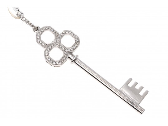 14k White Gold Contemporary Diamond Set Triple Circle End Key Pendant