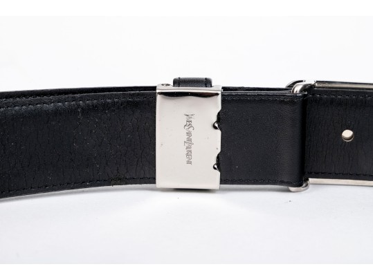 Yves St. Laurent Handsome Black Leather Belt With Black Enamel Decorated  Buckle