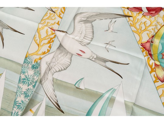Salvatore Ferragamo Silk Scarf With Fish Motifs, Pink, Blue And Yellow Tones