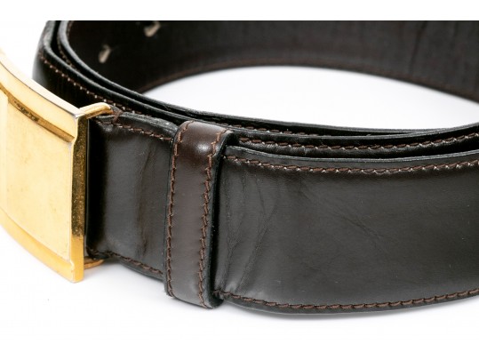Battaglia Brown Leather Belt, Gold Tone Buckle, Size 36
