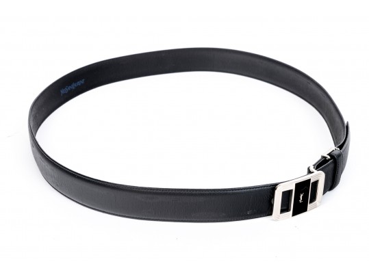 Yves St. Laurent Handsome Black Leather Belt With Black Enamel Decorated  Buckle