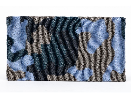 Moyna Fabulous Blue, Black, Green And Tan Beaded Camo Clutch, With Chain