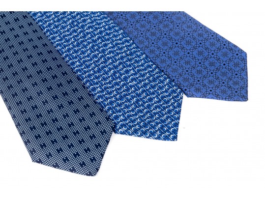Hermes Lot Of Three Silk Ties, Blue Tones