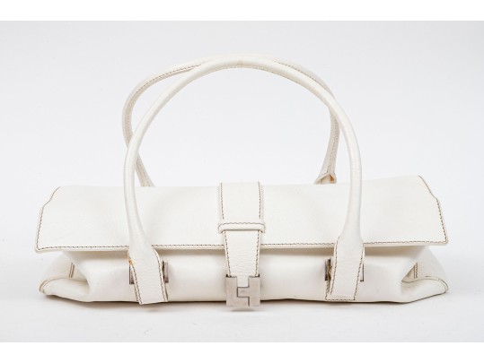 Lambertson Truex Bright Elongated White Leather Baguette Bag
