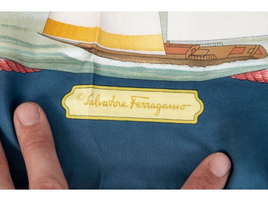Salvatore Ferragamo Silk Scarf With Fish Motifs, Pink, Blue And Yellow Tones