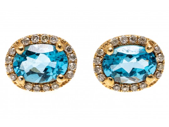 Bright Blue Topaz And Diamond 14K Stud Earrings