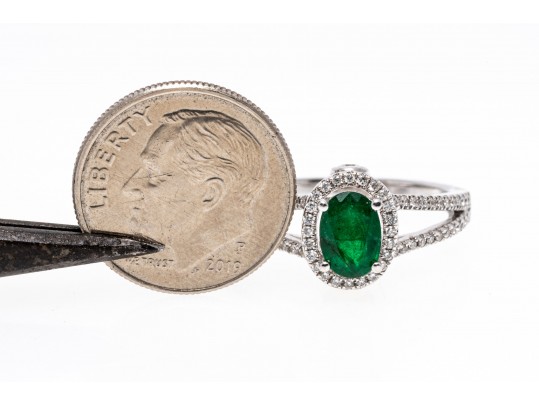 14K White Gold Emerald And Diamond Contemporary Ring, Size 7+