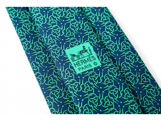 Hermes Lot Of Three Silk Ties, Blue To Green Tones