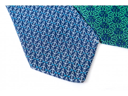Hermes Lot Of Three Silk Ties, Blue To Green Tones