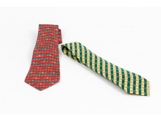 Lot Of Two 100% Silk Hermes Ties, Predominantly Red And Yellow Tones