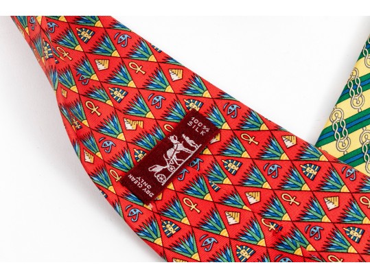 Lot Of Two 100% Silk Hermes Ties, Predominantly Red And Yellow Tones