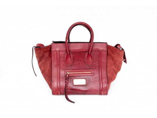 Valentino Lavish Burgundy Leather, Alligator And Suede Oversized Top Handle Bag