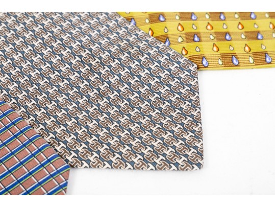 Hermes Lot Of Three Silk Ties, Assorted Colors And Patterns