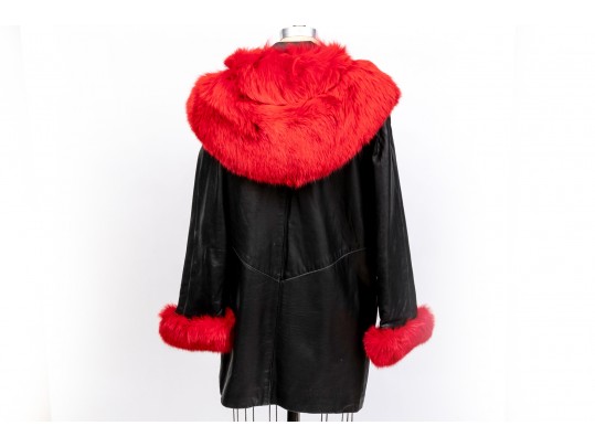 Damselle Black Leather Coat With Faux Red Fur Accents