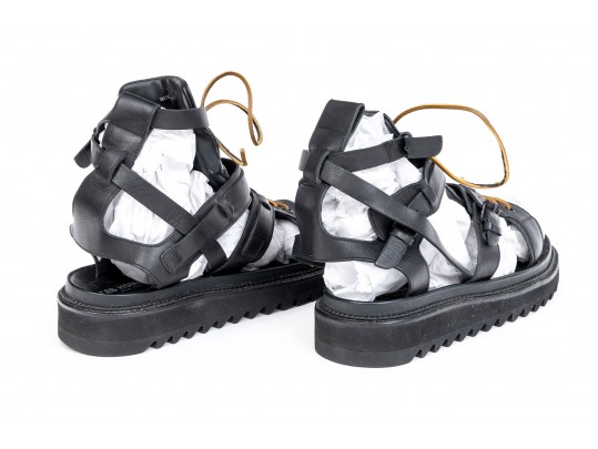Les Hommes Casual Black Leather Lace Up Gladiator Sandals, Size 43