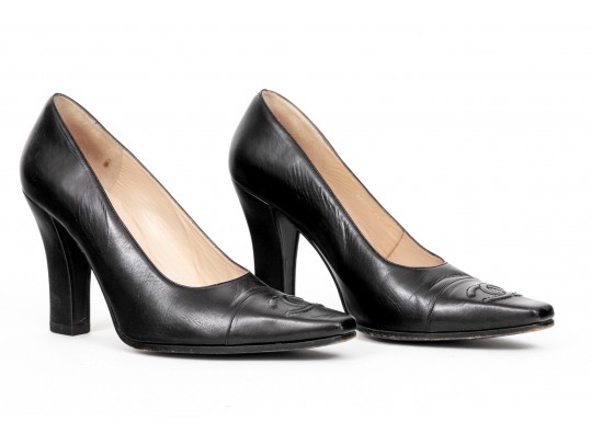 Chanel Quintessential Black Leather Pumps, Size 38 1/2, With Box