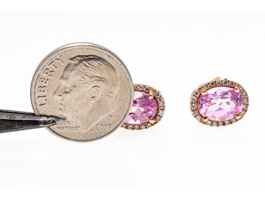 Bright Pink Sapphire And Diamond Halo 14k Rose Gold Earrings