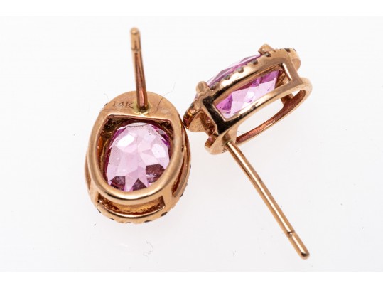 Bright Pink Sapphire And Diamond Halo 14k Rose Gold Earrings