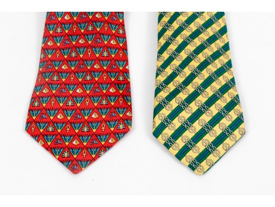 Lot Of Two 100% Silk Hermes Ties, Predominantly Red And Yellow Tones