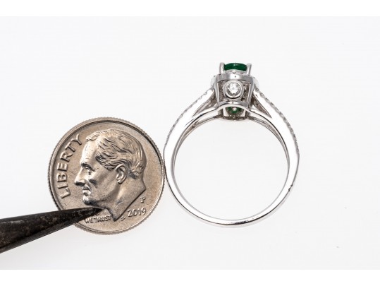 14K White Gold Emerald And Diamond Contemporary Ring, Size 7+