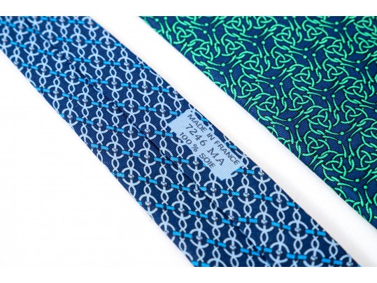 Hermes Lot Of Three Silk Ties, Blue To Green Tones