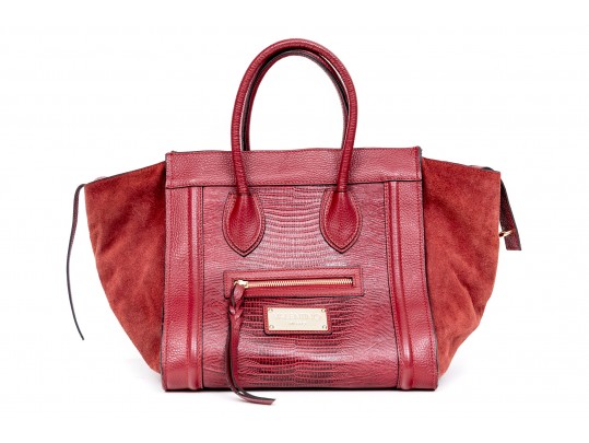 Valentino Lavish Burgundy Leather, Alligator And Suede Oversized Top Handle Bag