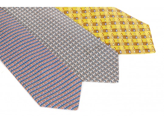 Hermes Lot Of Three Silk Ties, Assorted Colors And Patterns