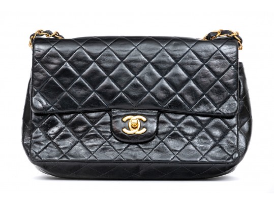 Chanel Classic Black Lambskin Quilted Leather Single Flap Shoulder Bag