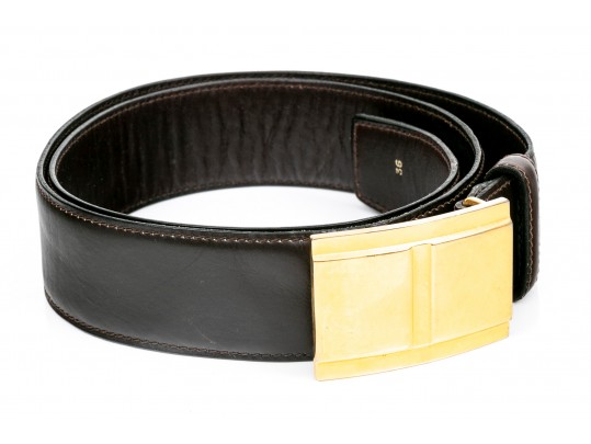 Battaglia Brown Leather Belt, Gold Tone Buckle, Size 36