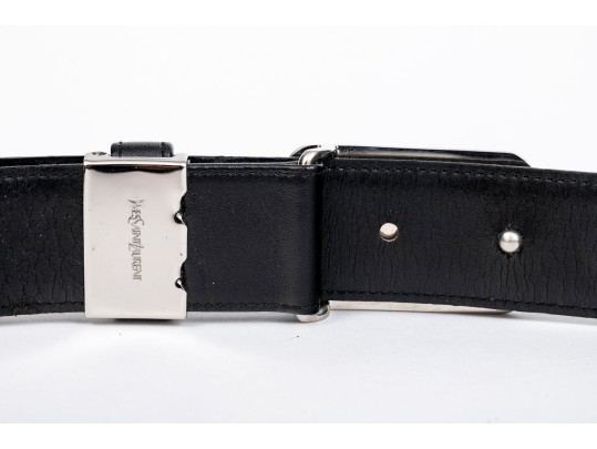 Yves St. Laurent Handsome Black Leather Belt With Black Enamel Decorated  Buckle