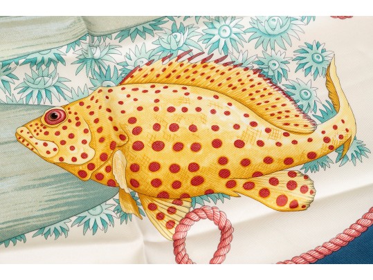 Salvatore Ferragamo Silk Scarf With Fish Motifs, Pink, Blue And Yellow Tones
