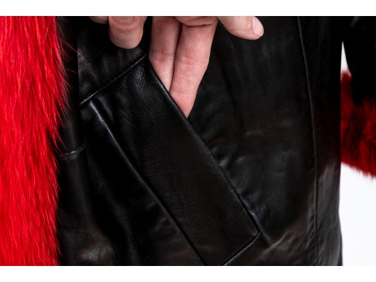 Damselle Black Leather Coat With Faux Red Fur Accents