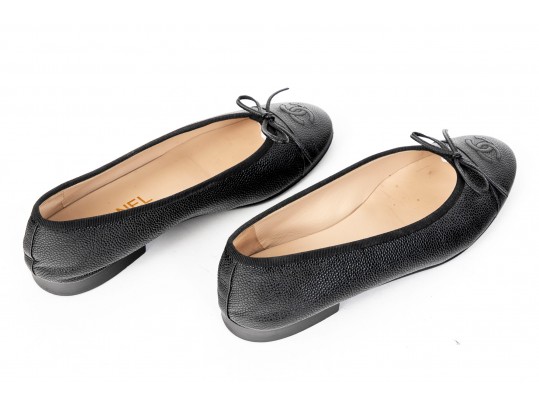 Chanel Classic Black Leather Ballet Flats, Size 37