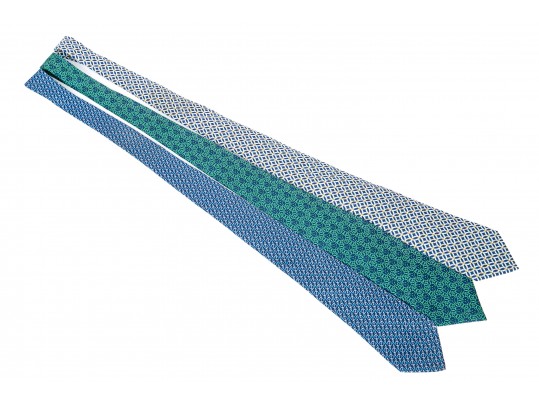 Hermes Lot Of Three Silk Ties, Blue To Green Tones