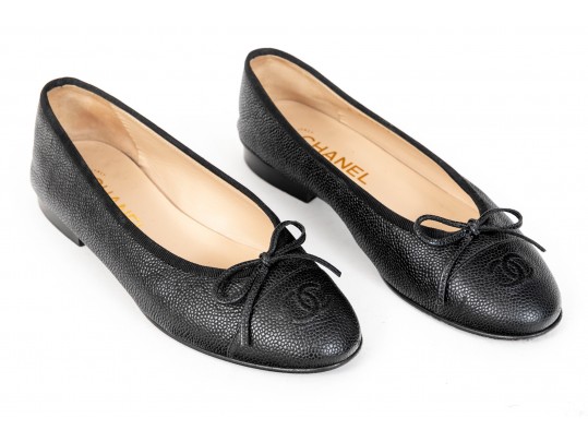 Chanel Classic Black Leather Ballet Flats, Size 37