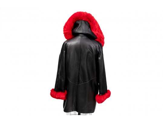 Damselle Black Leather Coat With Faux Red Fur Accents