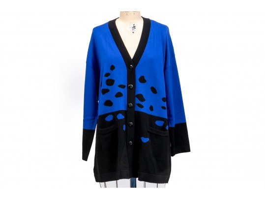 Escada Patterned Blue And Black Button Up Cardigan, Size 42