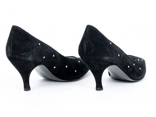 Charles Jourdan Striking Black Suede Pumps, With Rhinestone Decorations, Size 9